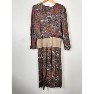 VTG 80s Samuel Blue Animal Print Suede Long Sleeve Modest Midi Dress Sz 10
